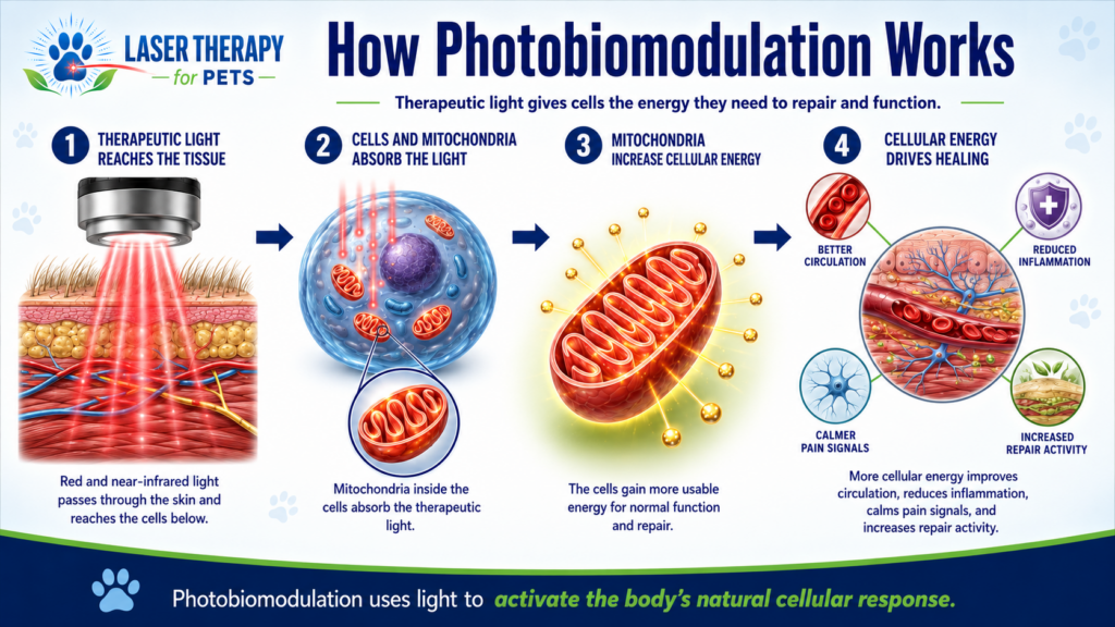 Illustration explaining how photobiomodulation works in a cell