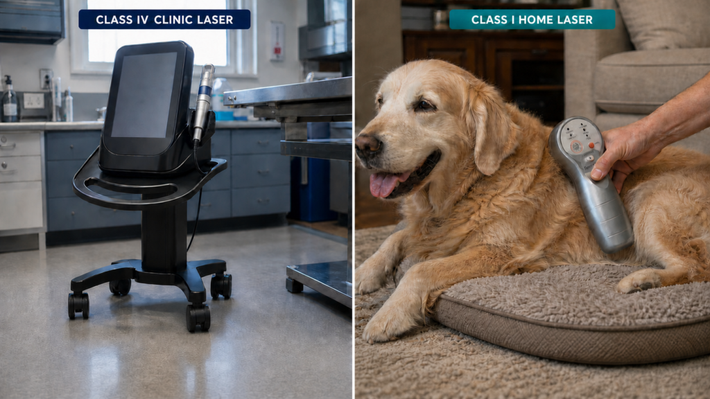 Class IV clinic laser in a veterinary treatment room compared with a Class I Spectra H home laser used on a dog