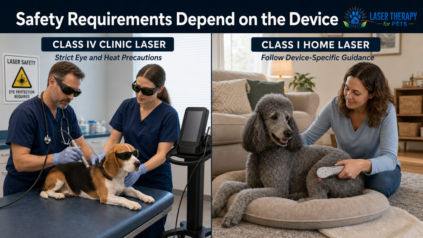Beagle receiving Class IV clinic laser treatment with protective eyewear beside a Standard Poodle receiving Class I Spectra H laser therapy at home.