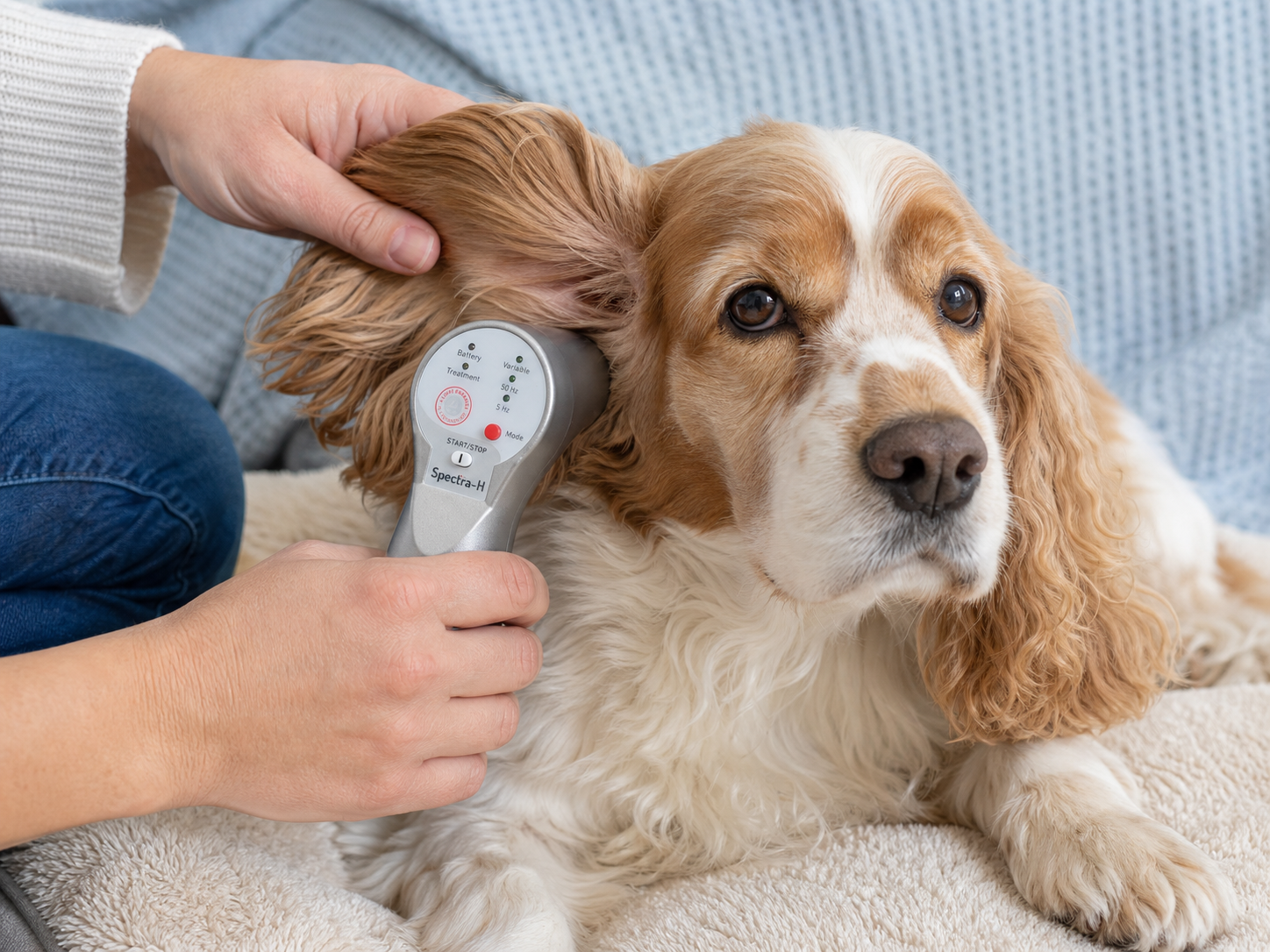 A calm dog receiving Spectra H laser therapy at the outside base of the ear