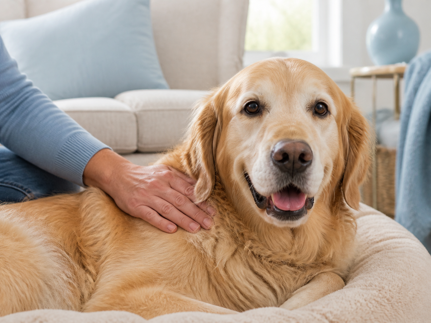 A senior golden retriever resting comfortably at home with a caring hand on its shoulder