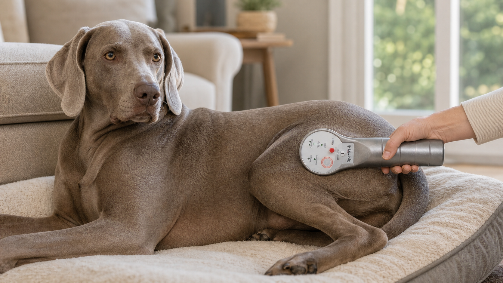 Correct Spectra H placement over a Weimaraner’s hip during at-home laser therapy.