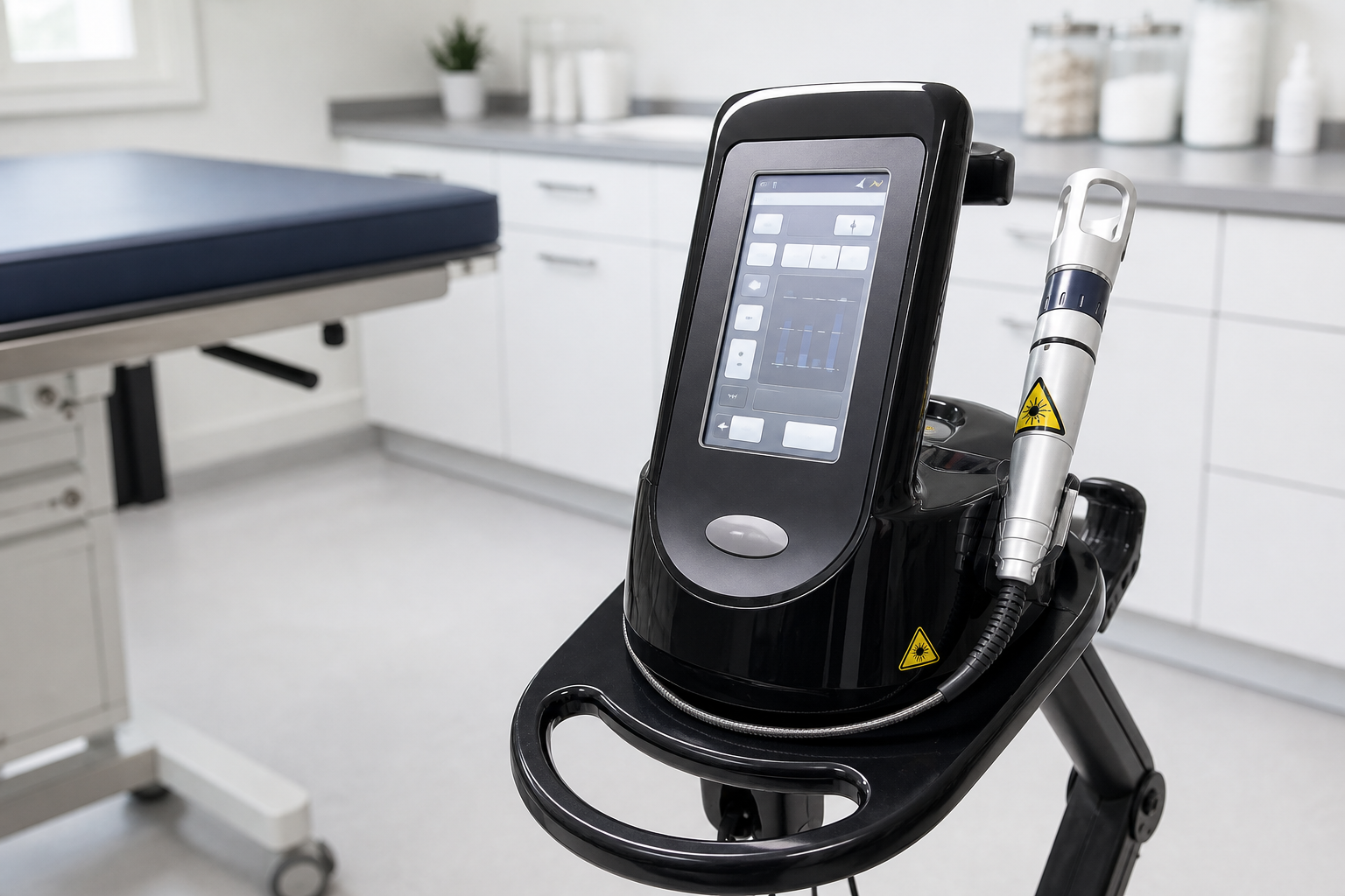 Unbranded Class IV veterinary laser system with treatment handpiece in a clinic