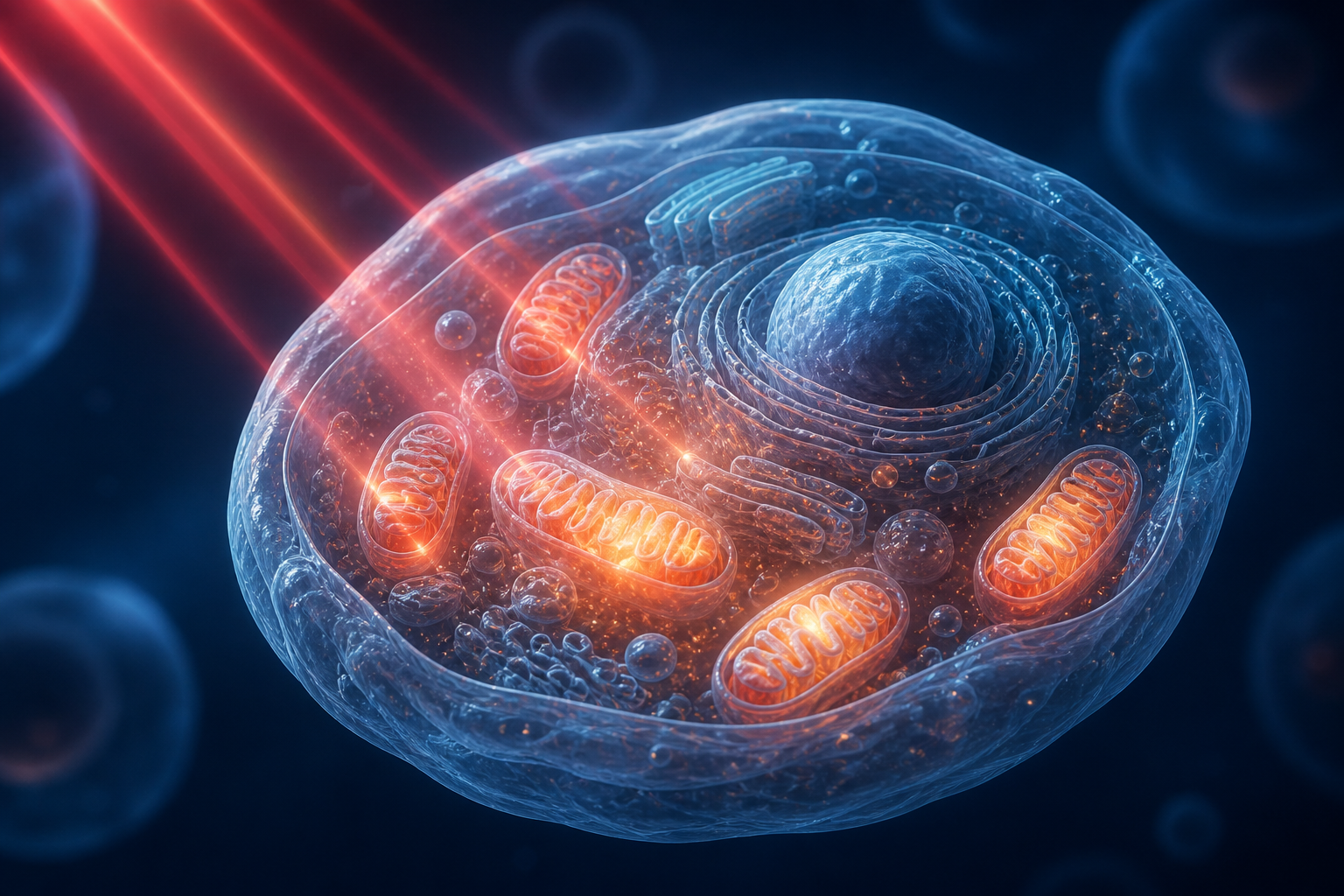 Cellular illustration showing mitochondria responding to therapeutic light