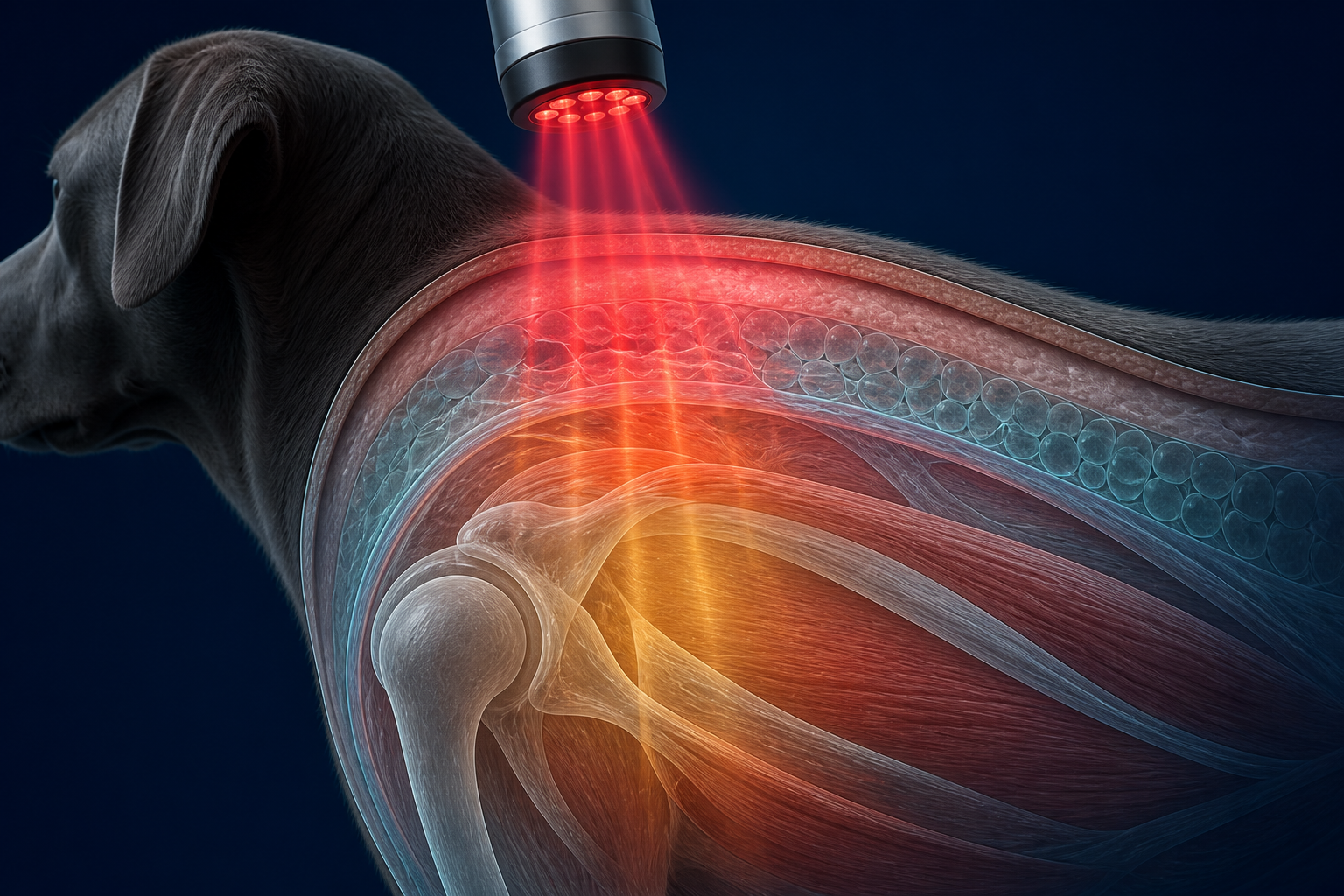 Therapeutic red and infrared light reaching different depths in a dog shoulder