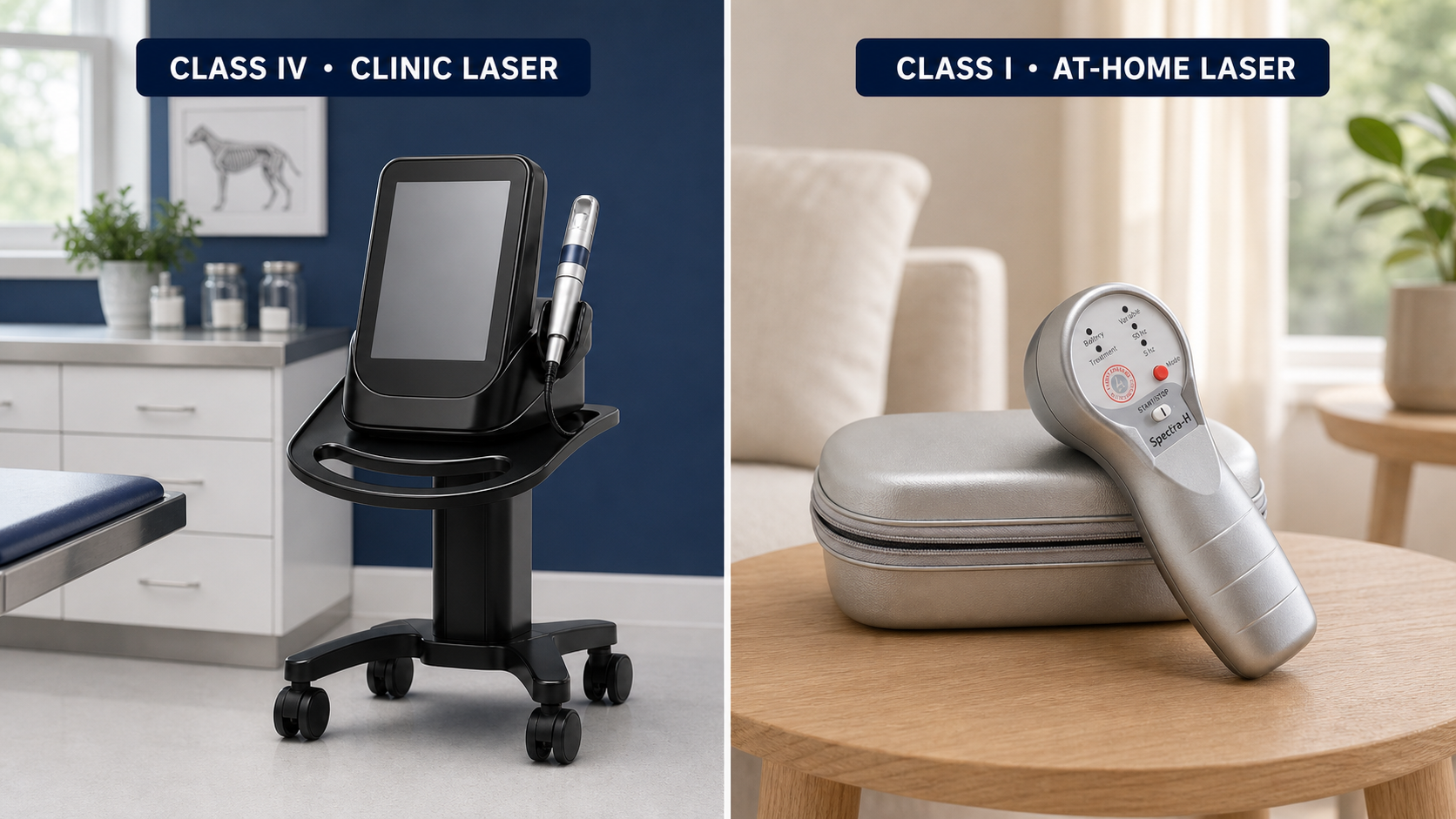 Side-by-side comparison of an unbranded Class IV veterinary clinic laser and an unbranded handheld low-level home laser device