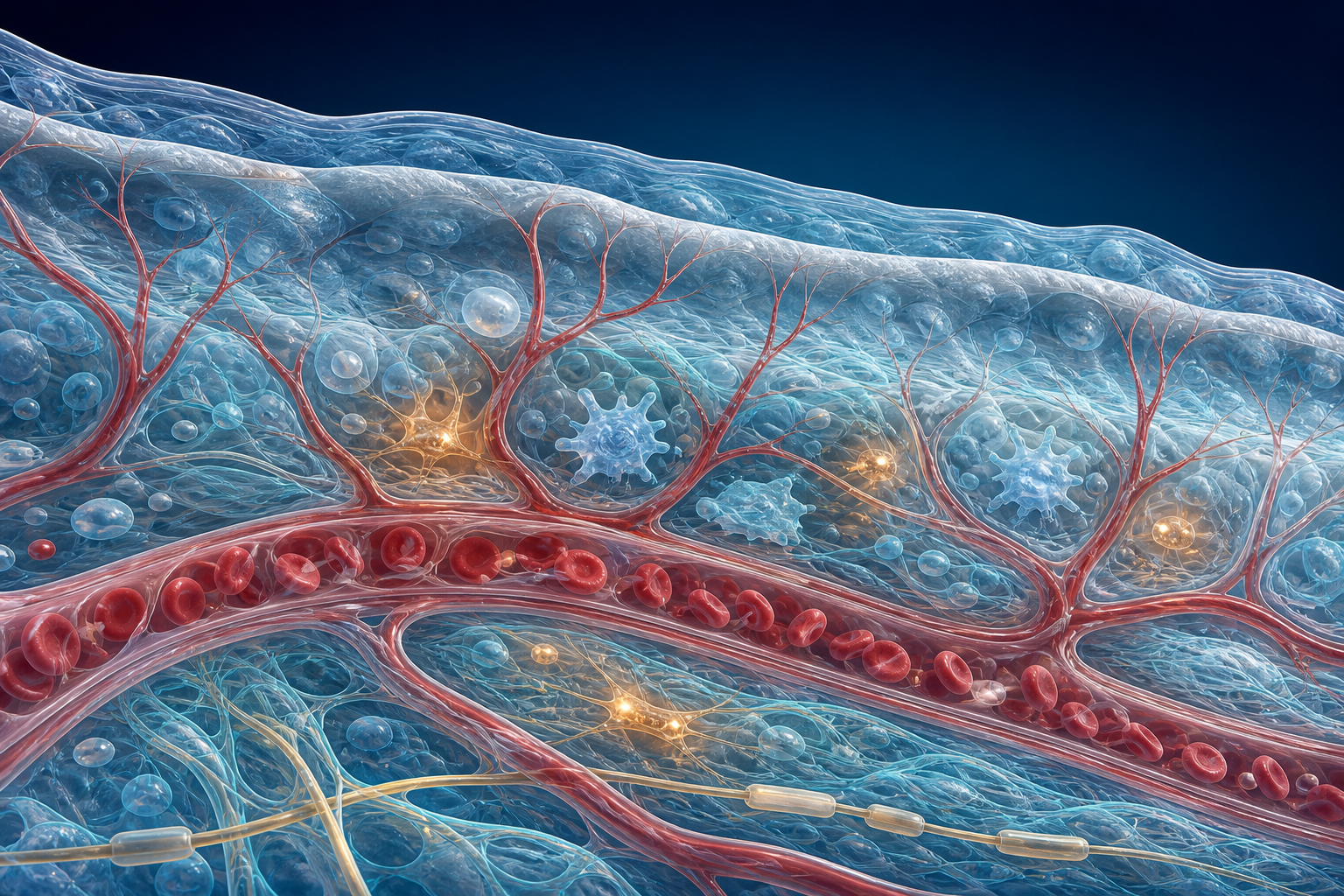 Scientific illustration of circulation and tissue repair response