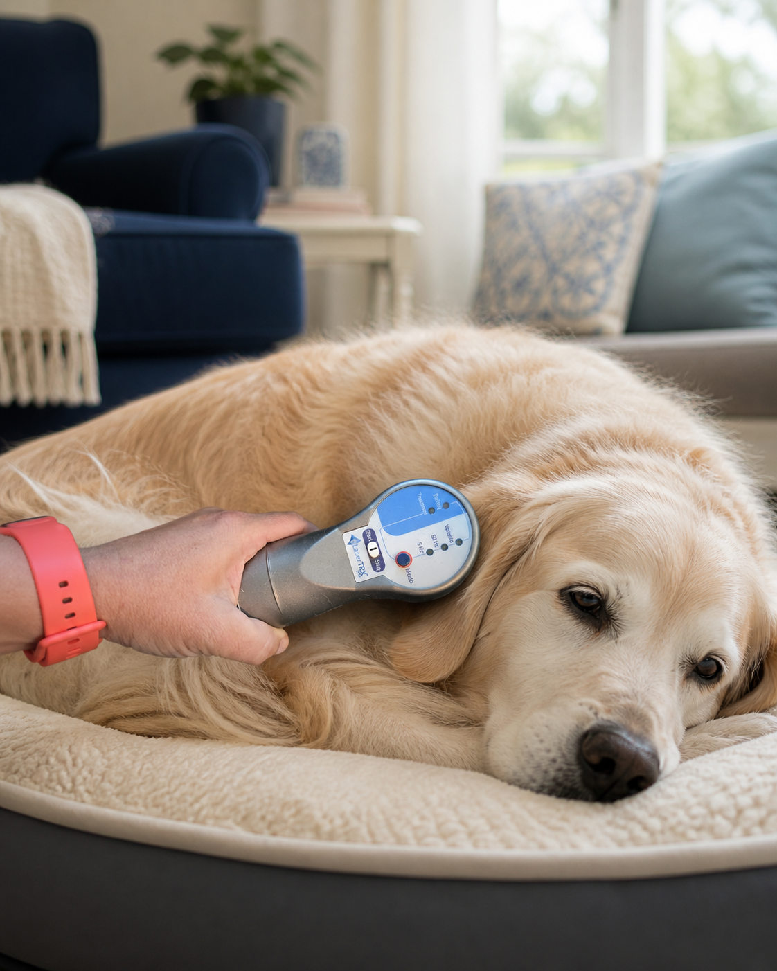 Pet parent using a handheld cold laser therapy device on a relaxed senior dog at home