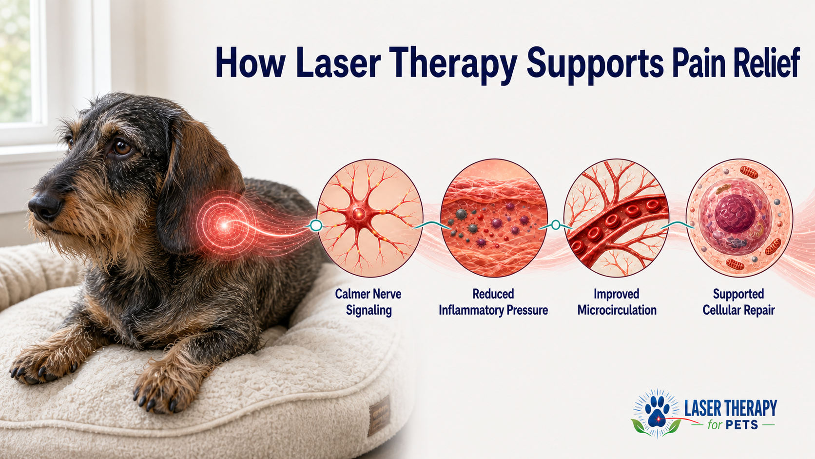 Infographic showing how laser therapy supports pain relief in dogs through calmer nerve signaling, reduced inflammatory pressure, improved microcirculation, and cellular repair