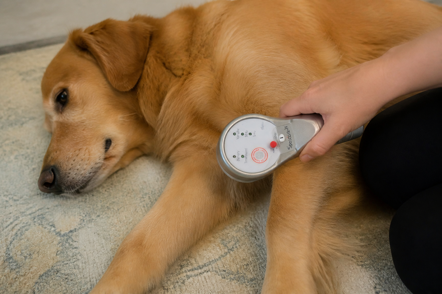 Dog receiving laser therapy at home