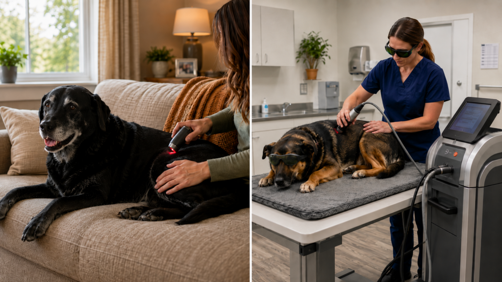 At-home low-level laser therapy compared with in-clinic Class IV laser therapy for dogs.