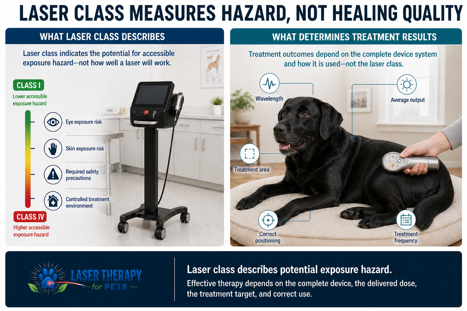 Class IV clinic laser and Class I home laser showing that laser class measures hazard, not treatment quality.