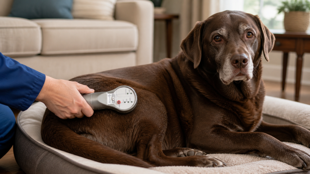 Senior dog receiving Spectra H low-level laser therapy over an arthritic hip at home.