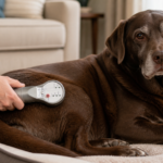 Senior dog receiving Spectra H low-level laser therapy over an arthritic hip at home.