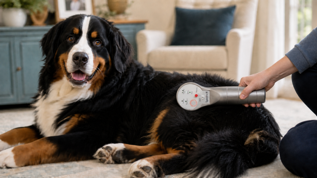 Bernese Mountain Dog receiving at-home Spectra H laser therapy over the hip