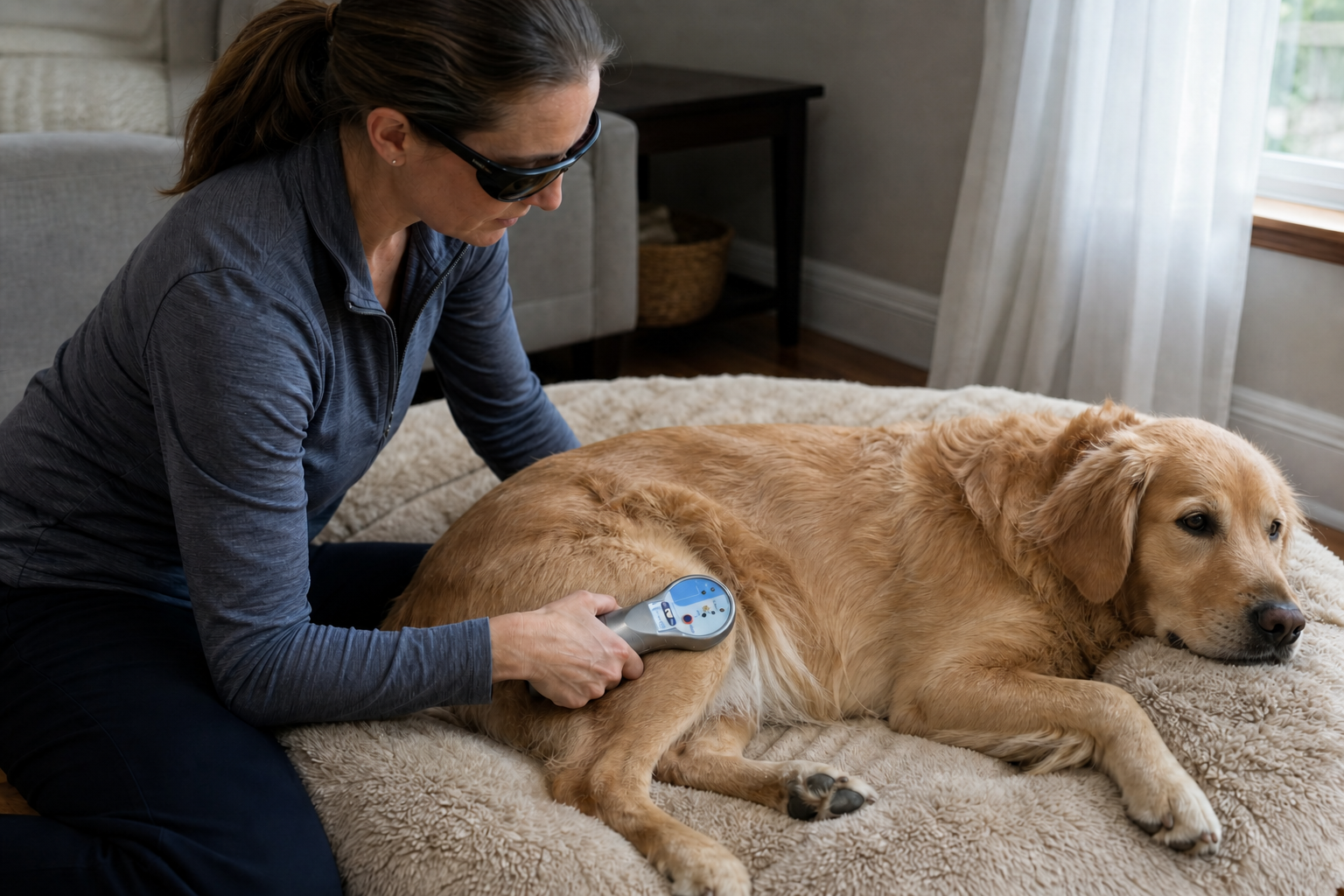 Adult using a Spectra H low-level laser correctly on a relaxed dog while wearing protective eyewear
