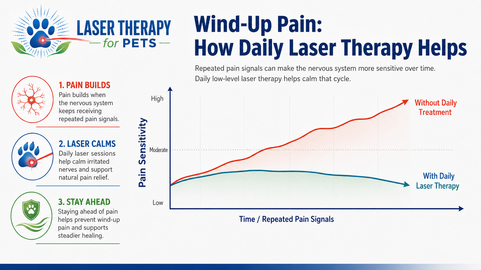 Infographic showing how daily low-level laser therapy helps prevent wind-up pain by calming repeated pain signals and reducing increasing pain sensitivity in dogs