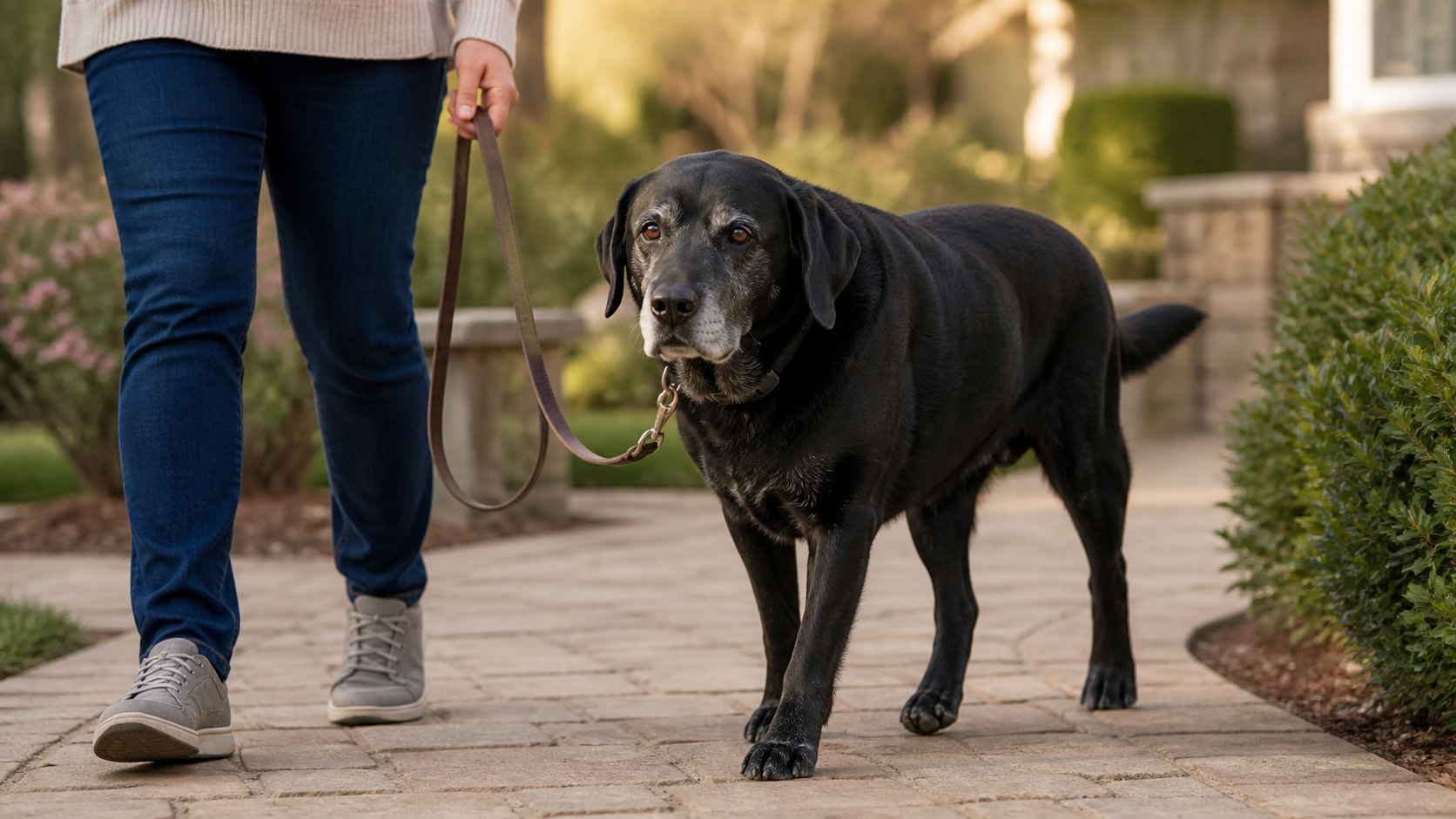 Senior black Labrador taking a comfortable, gentle walk with a caregiver on a loose leash.