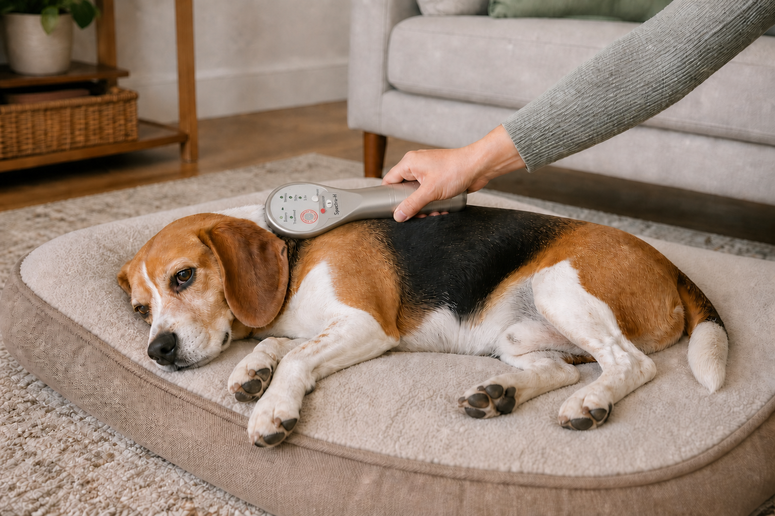 Beagle receiving at-home low-level laser therapy with the Spectra H device